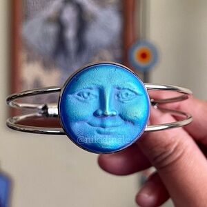 Handmade whimsical fantasy Blue Moon Face Silver Fairy cuff bracelet Bangle Goth
